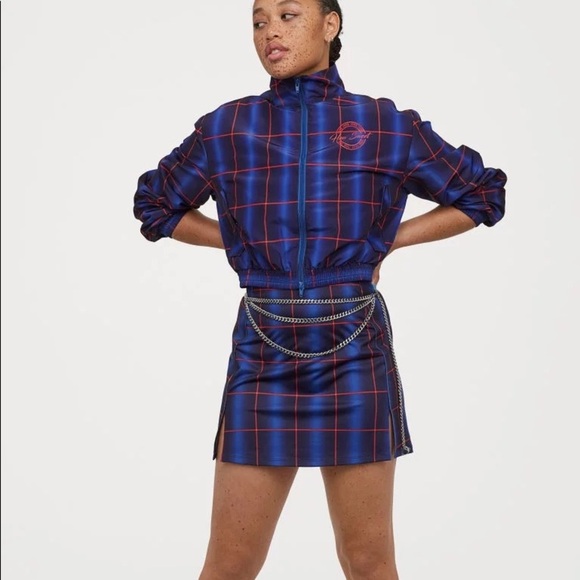Justin Skye x H&M Dark Blue Checked Cropped Jacket Size Small EUC - Picture 1 of 13